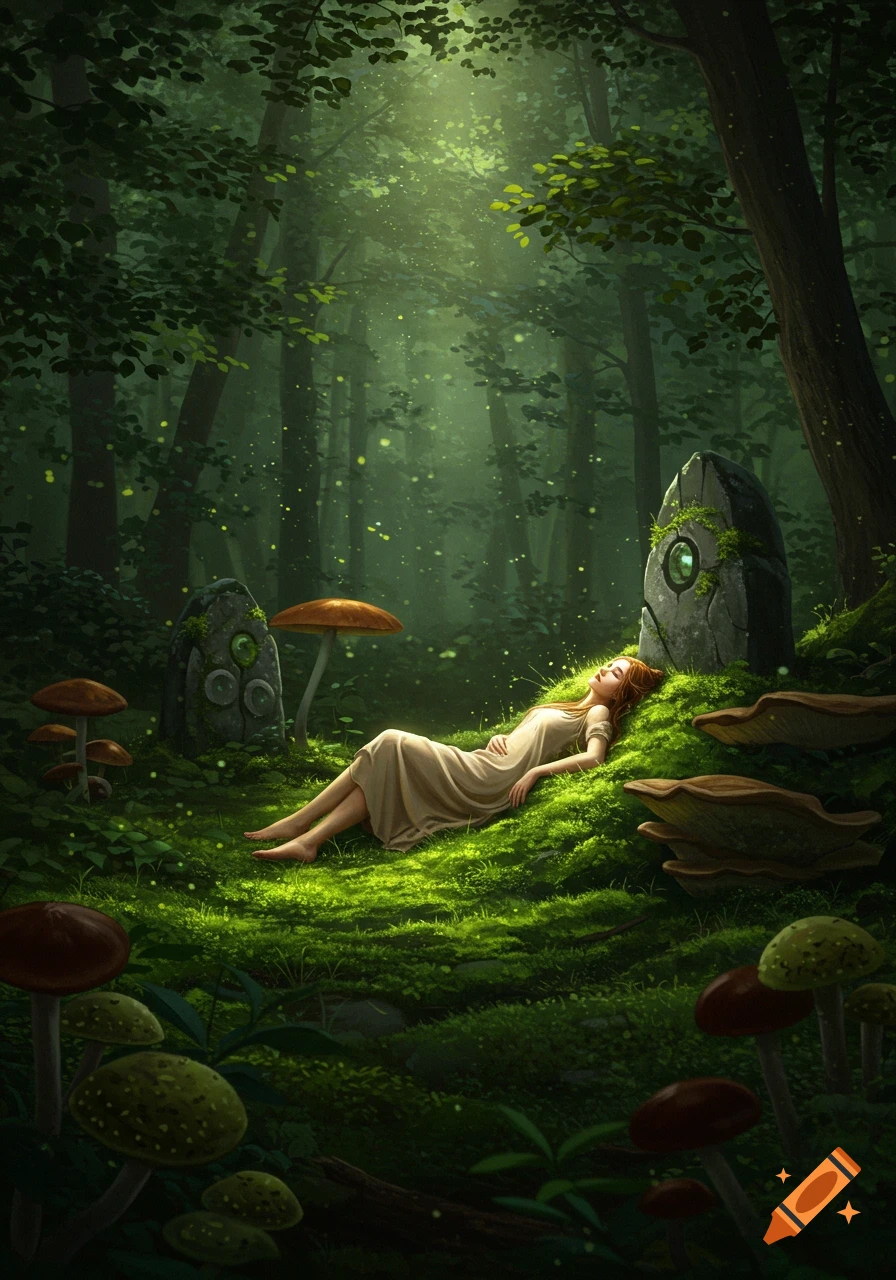 A woman sleeps on moss in a luminous fantasy forest with glowing fireflies, large mushrooms, and ancient stones.