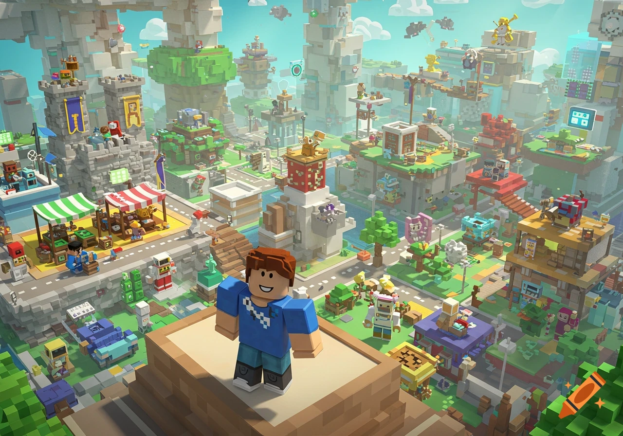 An expansive and colorful voxel art cityscape, with numerous blocky buildings, roads, and small characters, featuring a large Roblox-style avatar in the foreground.