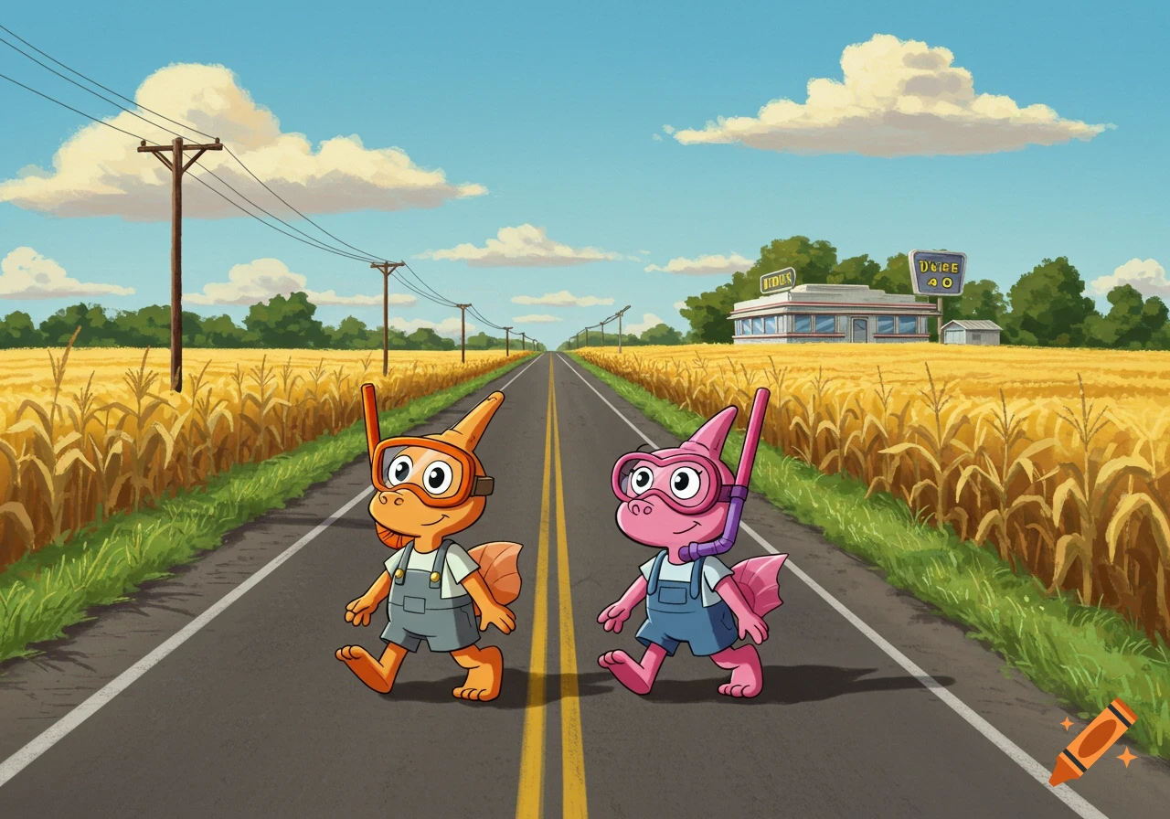 Two cartoon Snorks characters wearing snorkels walk down a road through cornfields towards a distant diner.