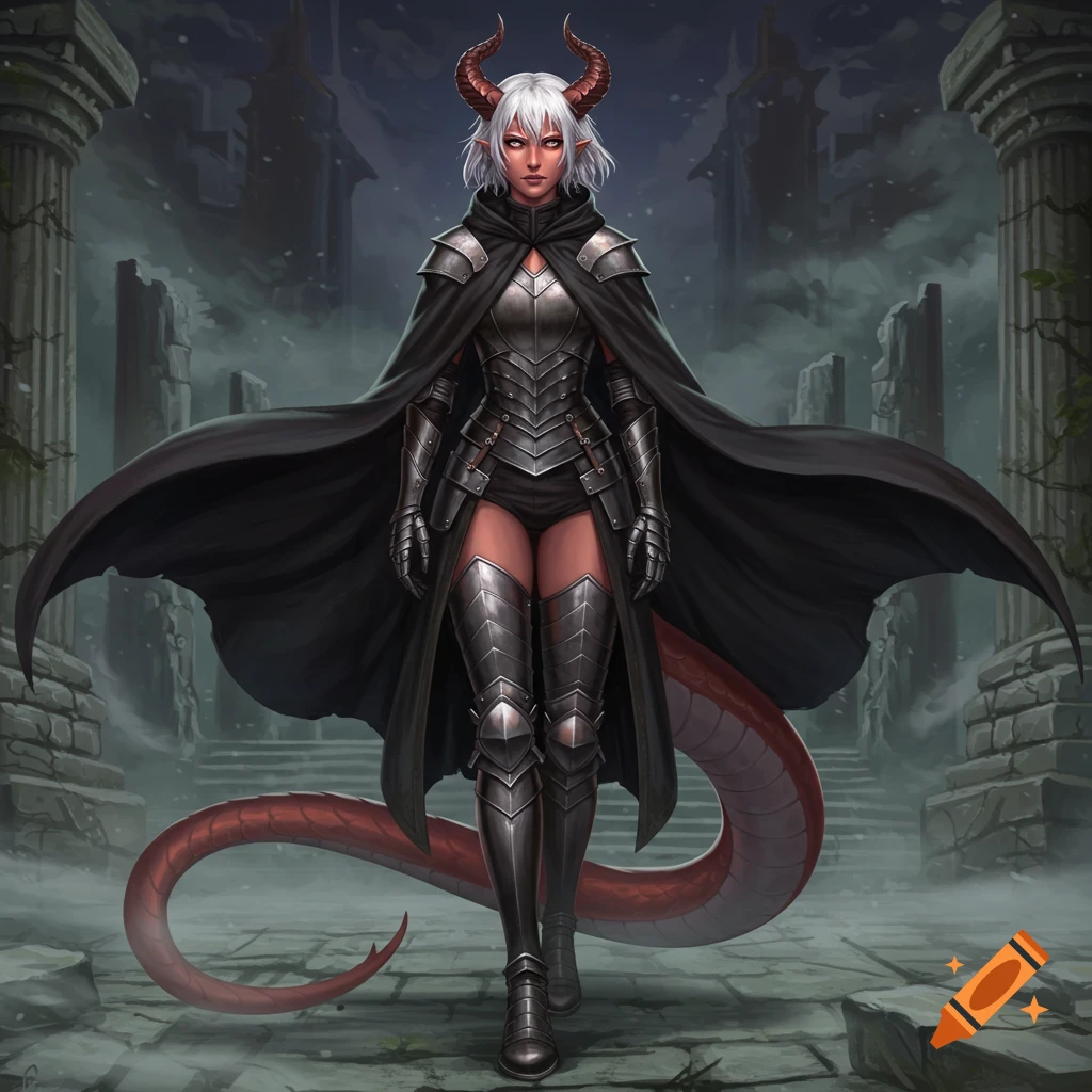 An anime-style female half-dragon character with white hair, bronze horns, black cloak, silver armor, and a long red snake-like tail stands in ruins.