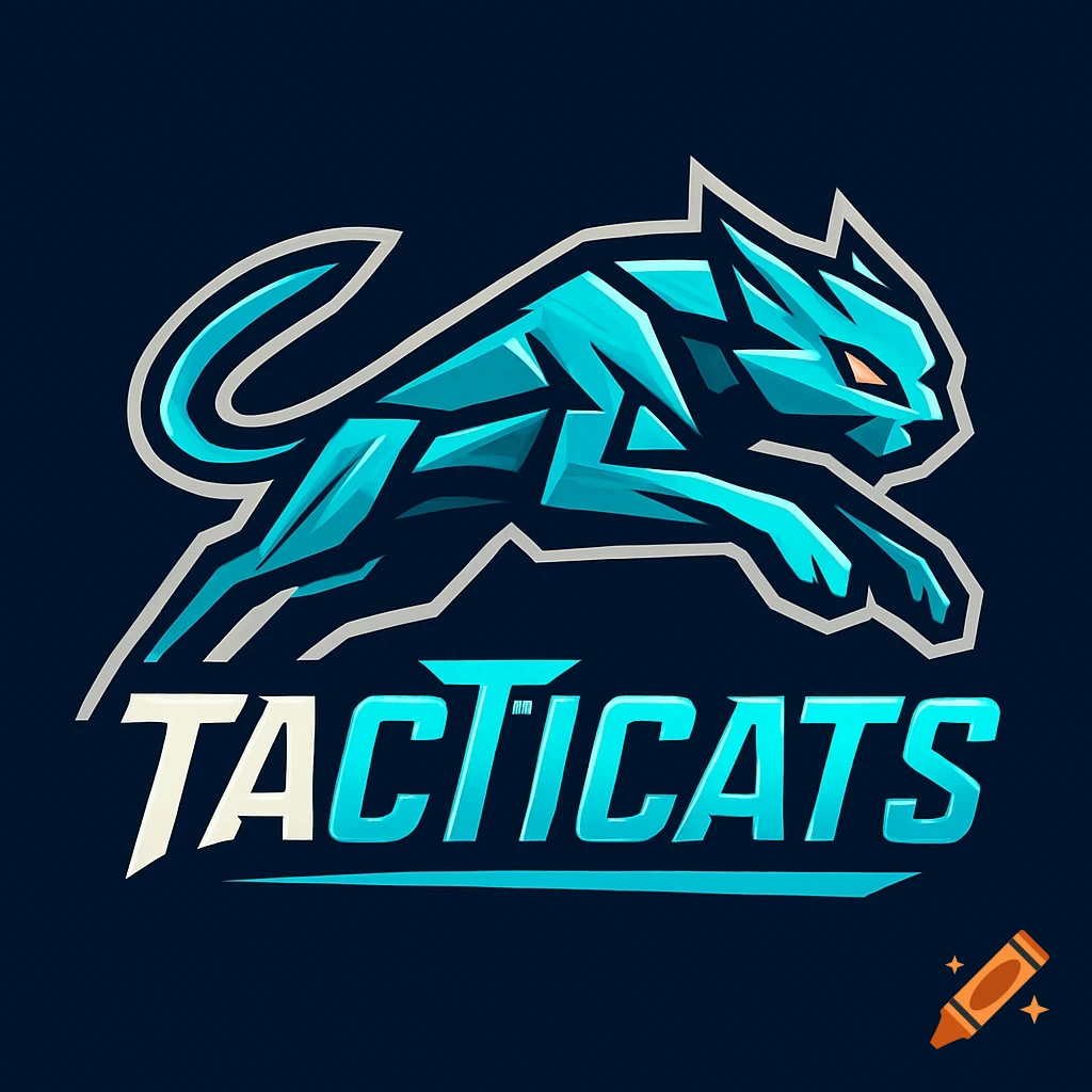 A stylized blue geometric cat logo leaping above the text 'TACTICATS' on a dark background.