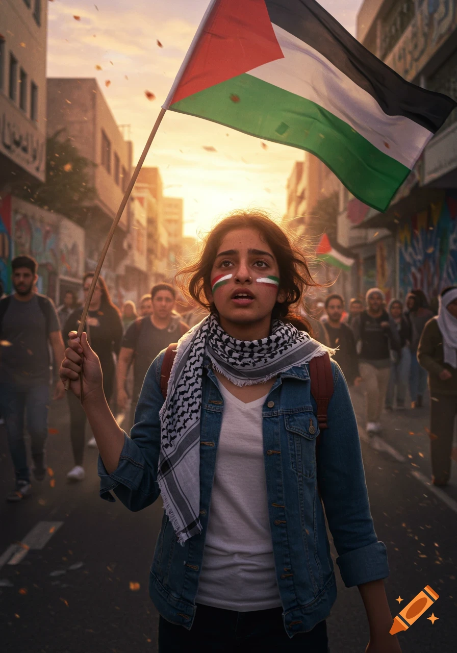 A young activist holds a Palestinian flag in a crowded street at sunset, with face paint and a keffiyeh. Photorealistic style.