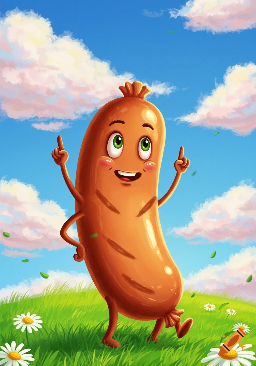 A happy, cartoon sausage character with arms and legs points upwards in a vibrant green field with daisies under a blue sky.