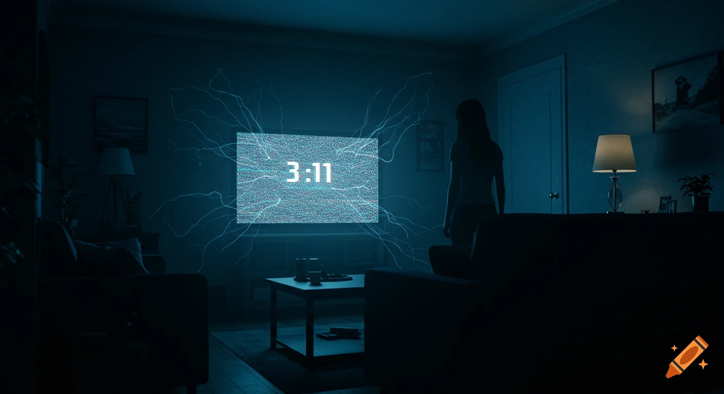 A person stands in a dark room, silhouetted against a TV screen showing static and the time 3:11.