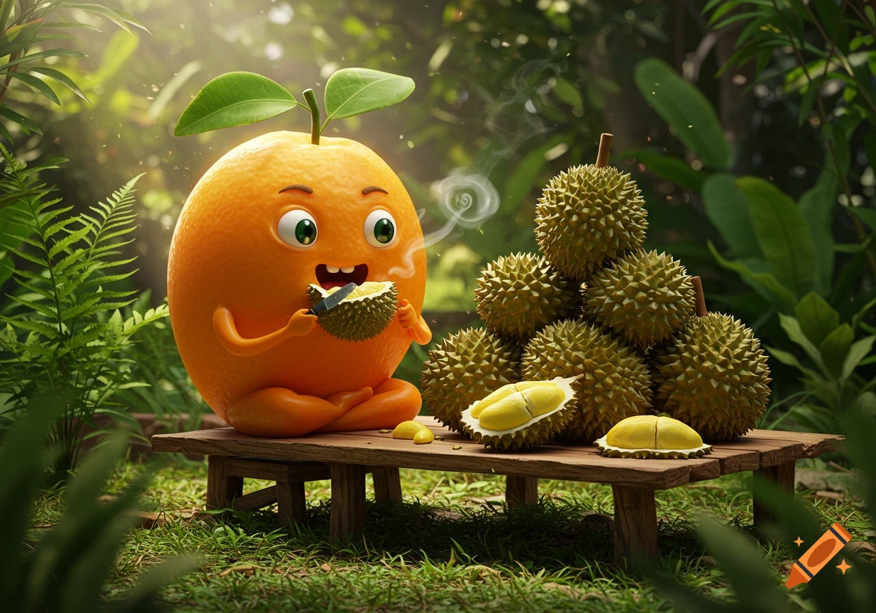Happy 3D cartoon orange character sitting on a bench, eating a durian with a knife, surrounded by durians and jungle plants.