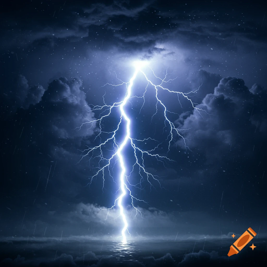 A bright lightning bolt strikes dark water under a dramatic stormy sky with falling rain.