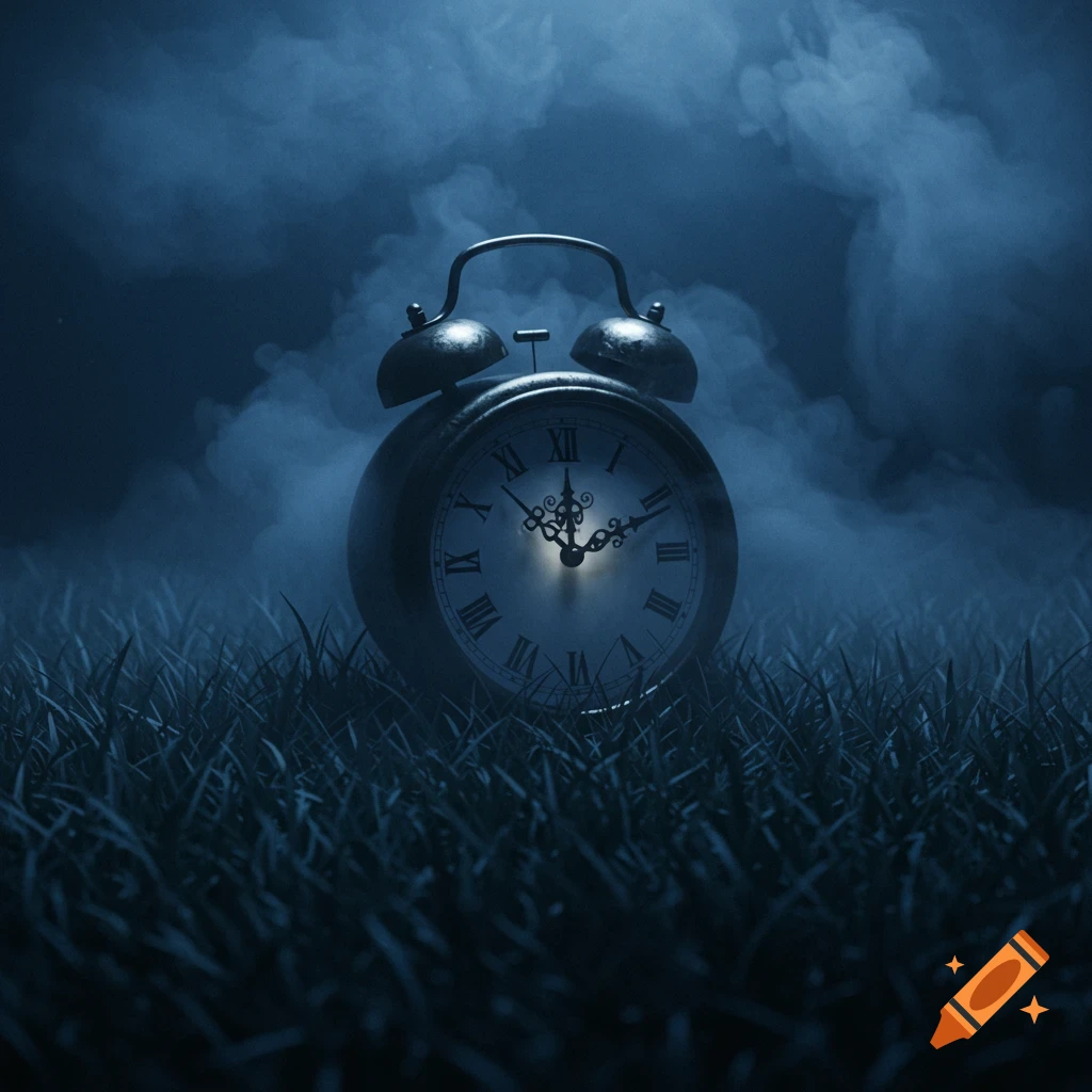 A moody, photorealistic image of an old-fashioned alarm clock with Roman  numerals lying in dark blue grass amidst fog. on Craiyon, image size:1024x1024