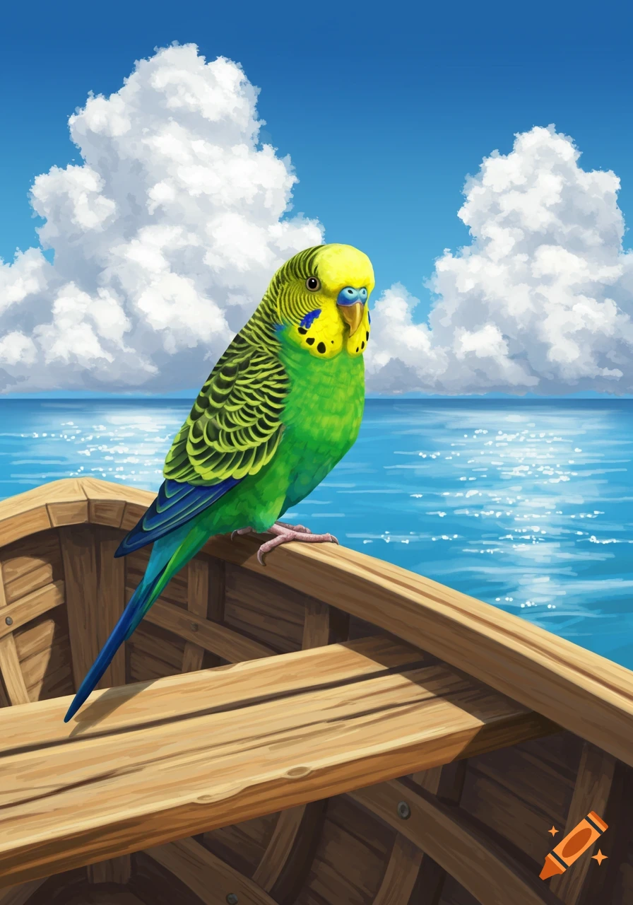 A vibrant green and yellow parakeet perches on a wooden boat railing on a bright blue ocean under a cloudy sky, in an illustrative style.