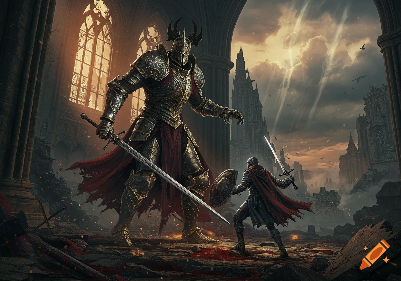 A giant armored knight faces a smaller knight with a sword and shield in a ruined gothic setting under a dramatic sky, digital illustration.