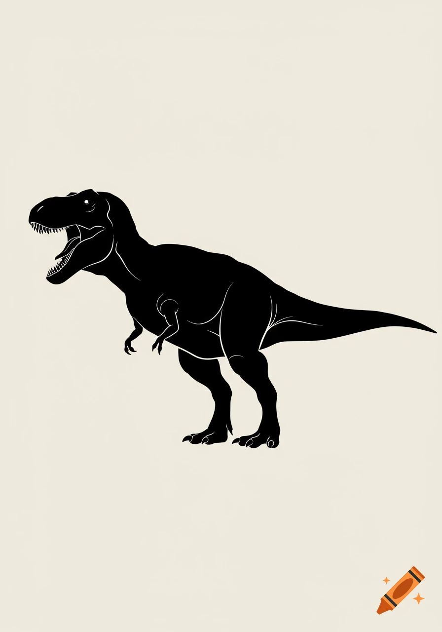 Black vector silhouette of a Tyrannosaurus Rex with its mouth open, on a light beige background.
