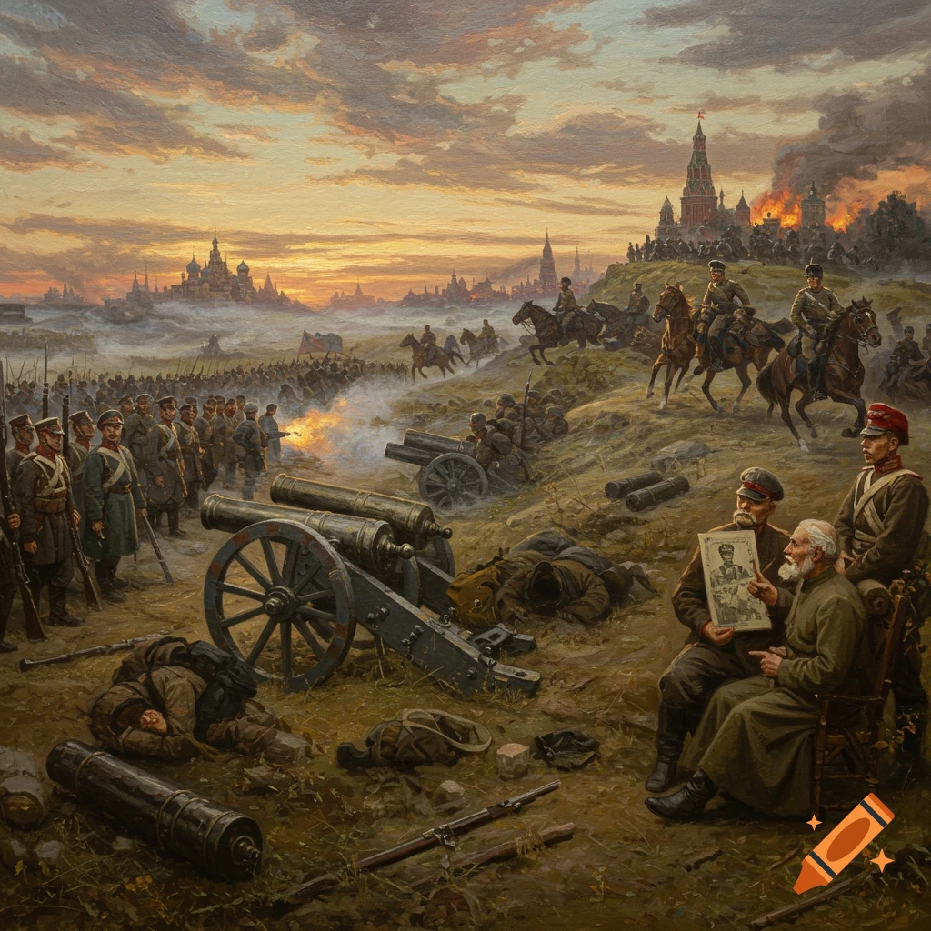 A 19th-century oil painting of a vast battle scene with soldiers, cannons, cavalry, a burning city, and an old man showing a portrait.