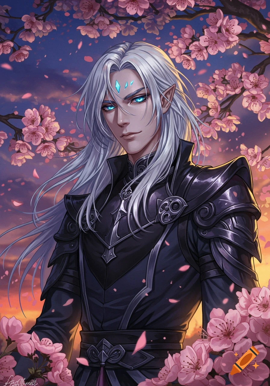 A male elf with long white hair and glowing blue eyes in dark armor stands amidst pink cherry blossoms at sunset, in an anime art style.