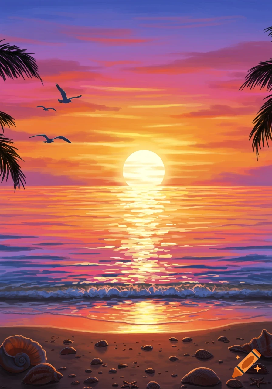 A vibrant illustration of a sunset over the ocean from a sandy beach with palm trees and seagulls.
