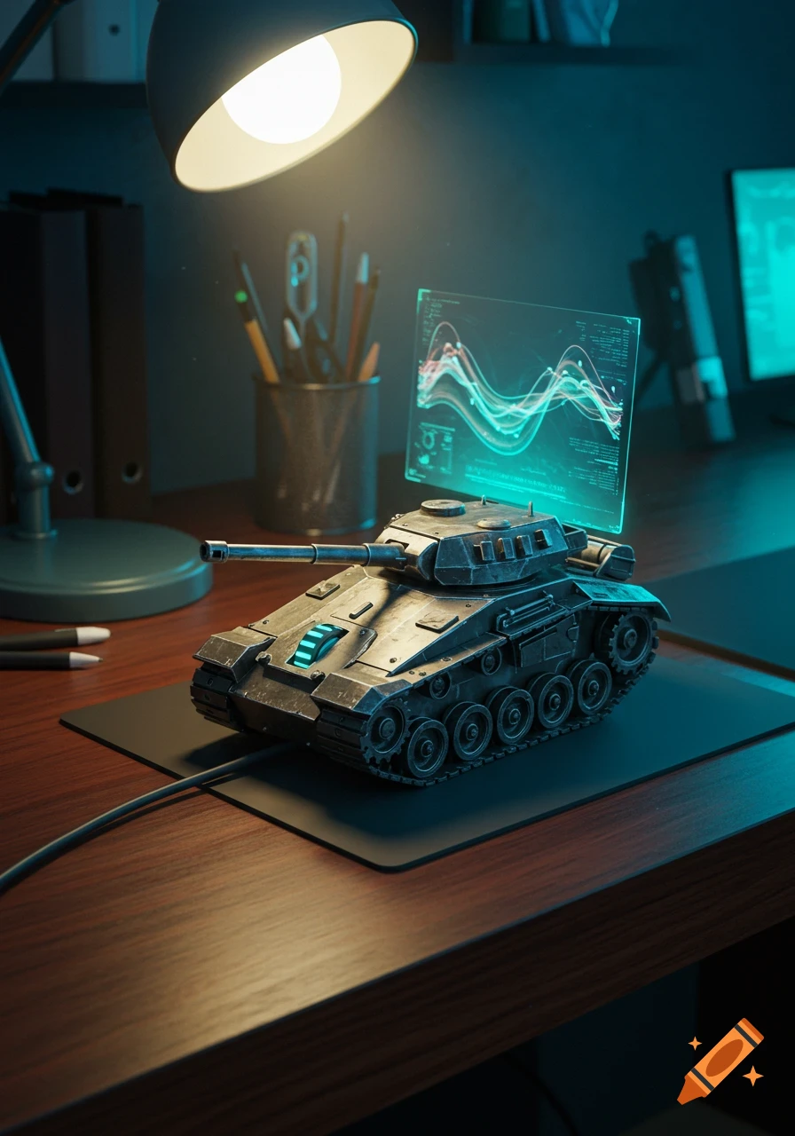A futuristic tank-shaped computer mouse on a wooden desk with a glowing holographic display showing data waves. A desk lamp illuminates the scene.