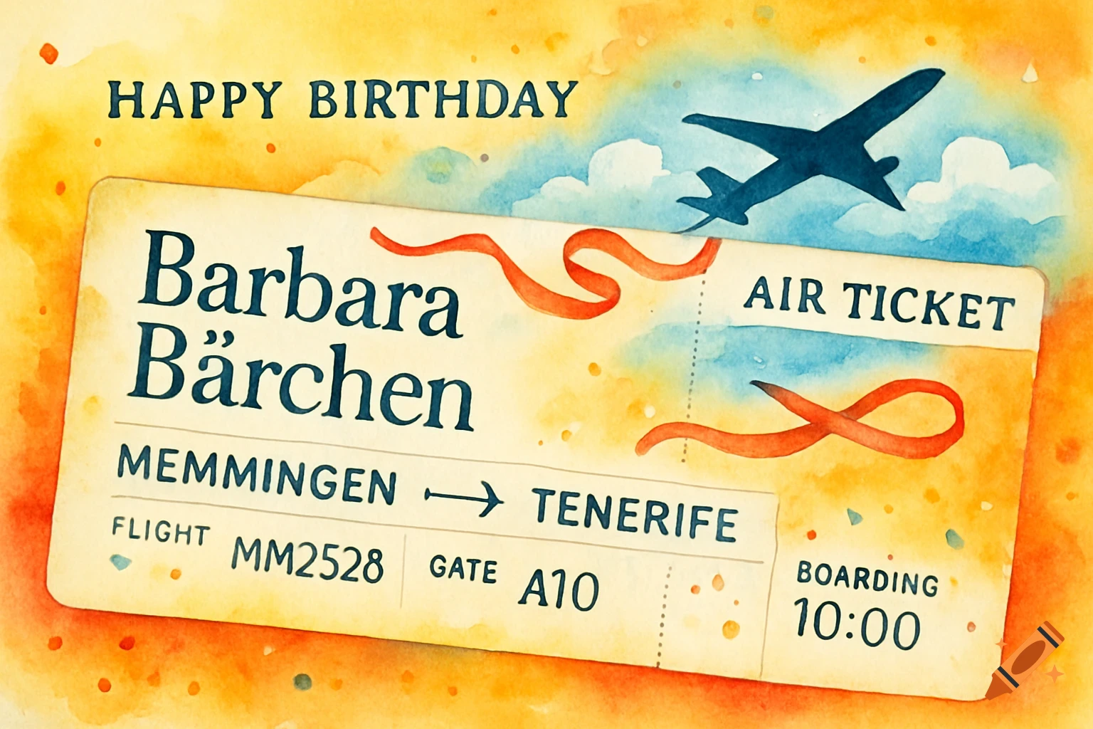 Watercolor illustration of a flight ticket to Tenerife from Memmingen for Barbara Bärchen, with 'Happy Birthday' text.