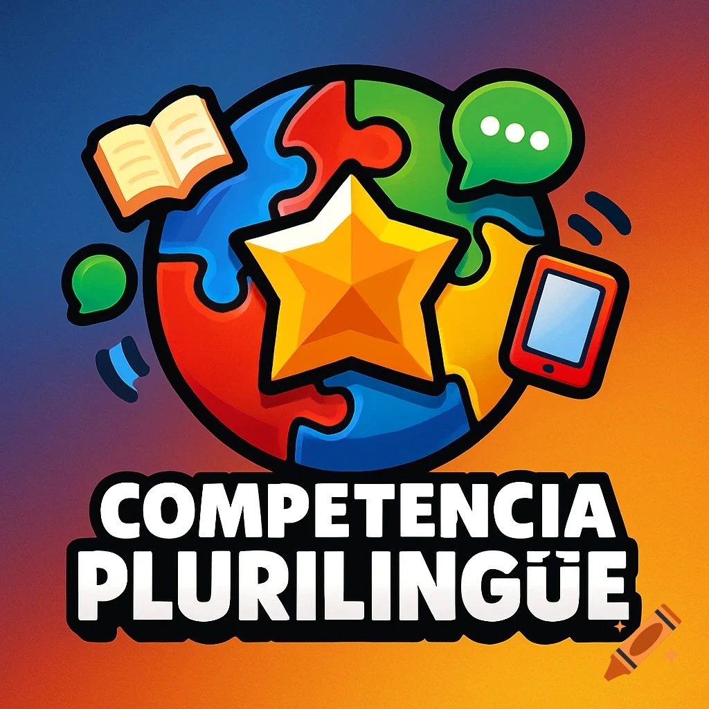A stylized logo featuring a globe made of colorful puzzle pieces, a golden star, an open book, a speech bubble, and a smartphone, with "COMPETENCIA PLURILINGÜE" text below.