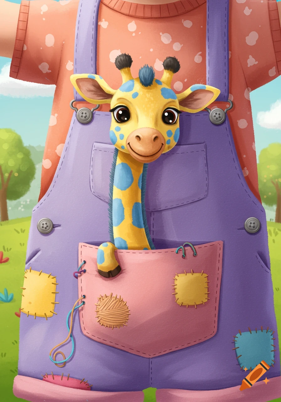 Whimsical cartoon illustration of a cute baby giraffe peeking out of a pink pocket on purple overalls in a grassy outdoor scene.