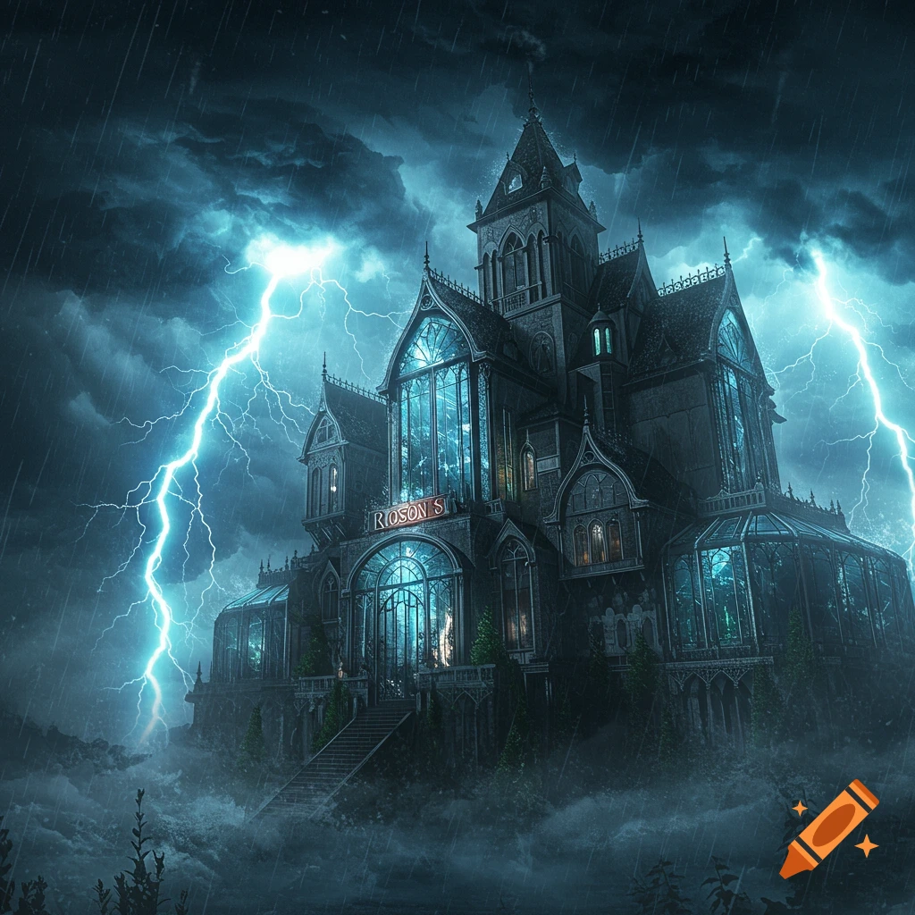 Ornate gothic mansion under a dark, stormy sky with heavy rain and bright lightning strikes.