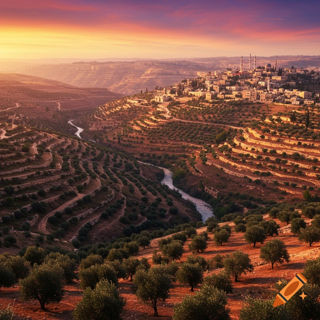 A vibrant sunset over a Middle Eastern town on a hill, with terraced olive groves and a river winding through the valley below.