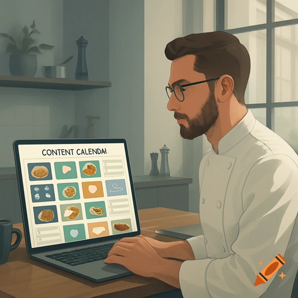 A male chef with glasses and a beard types on a laptop showing a content calendar with food thumbnails in a modern kitchen.