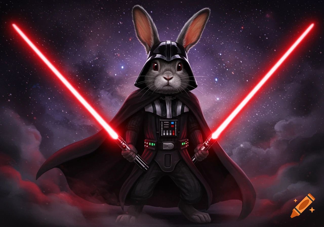 A rabbit dressed as Darth Vader, holding two red lightsabers against a starry space background.