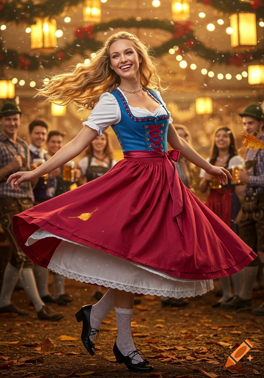 A hyper-realistic image of a smiling blonde woman in a red and blue dirndl dancing joyfully at an Oktoberfest party.