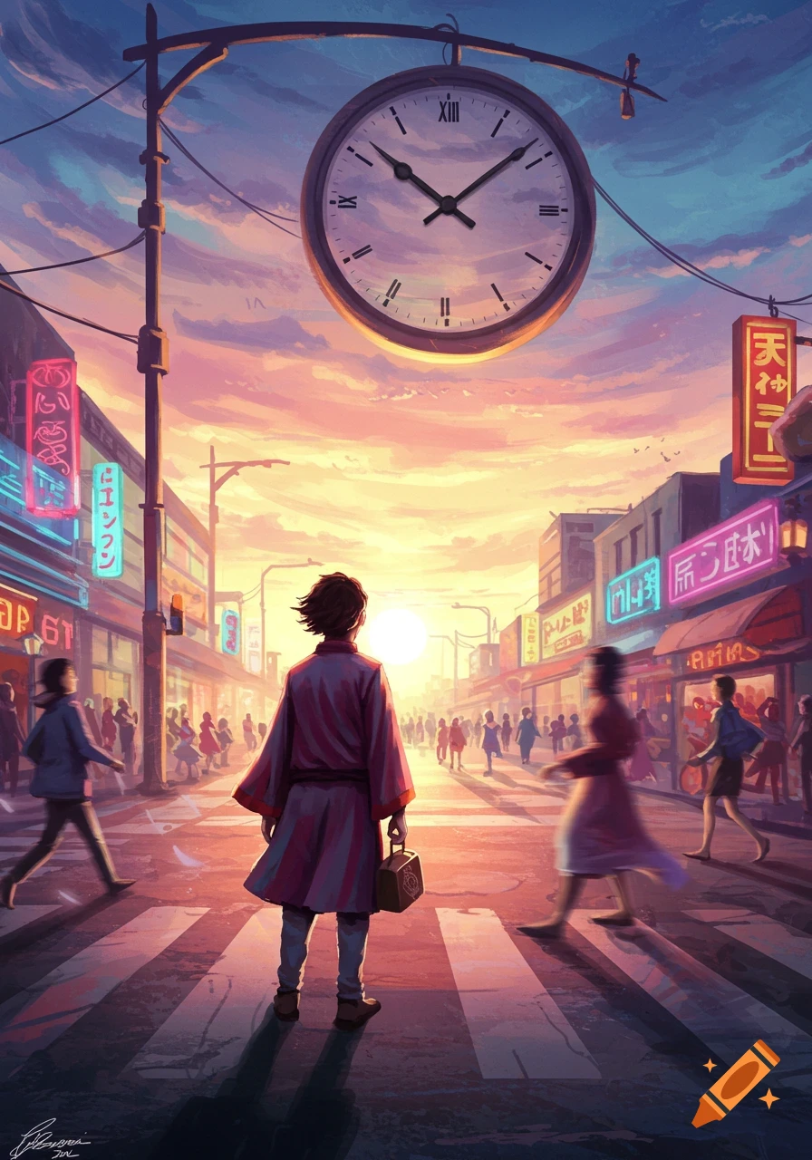 An anime-style image of a person in a kimono walking across a crosswalk at sunset in a bustling city street with neon signs and a large clock hanging overhead.