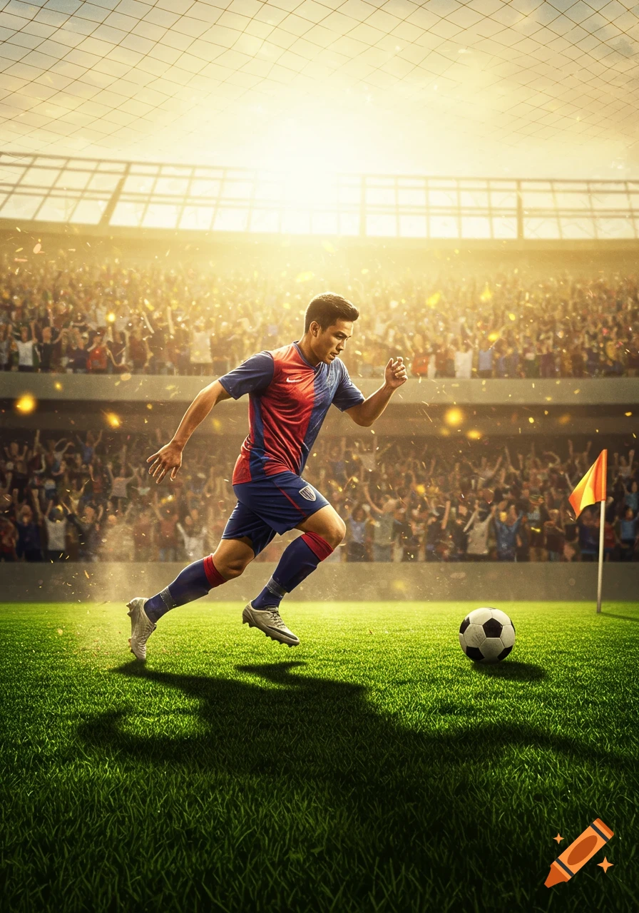 A male soccer player in a red and blue jersey runs on a green field towards a soccer ball in a brightly lit stadium with cheering fans.