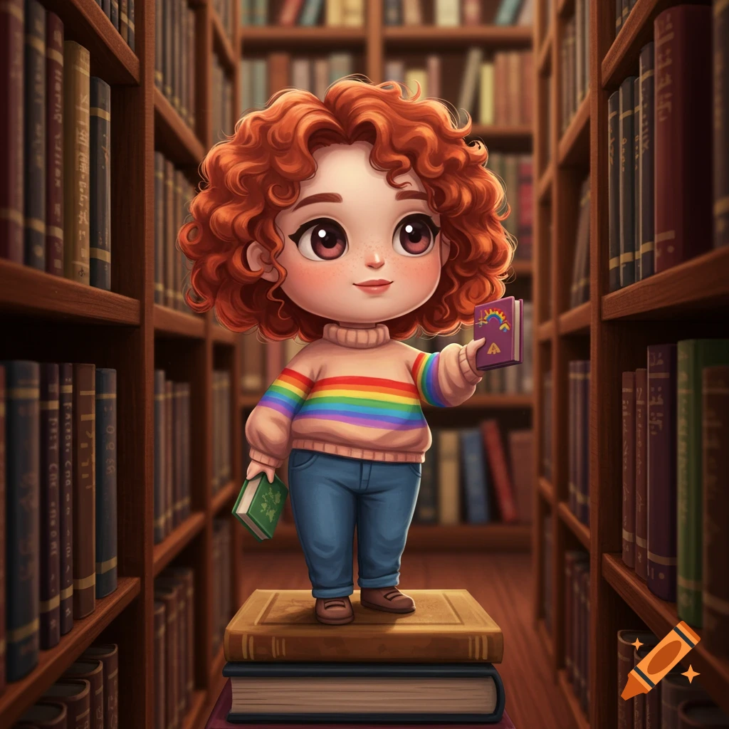 A cute chibi-style character with curly red hair, wearing a rainbow sweater and jeans, standing on books in a library, holding a green book and a purple book.