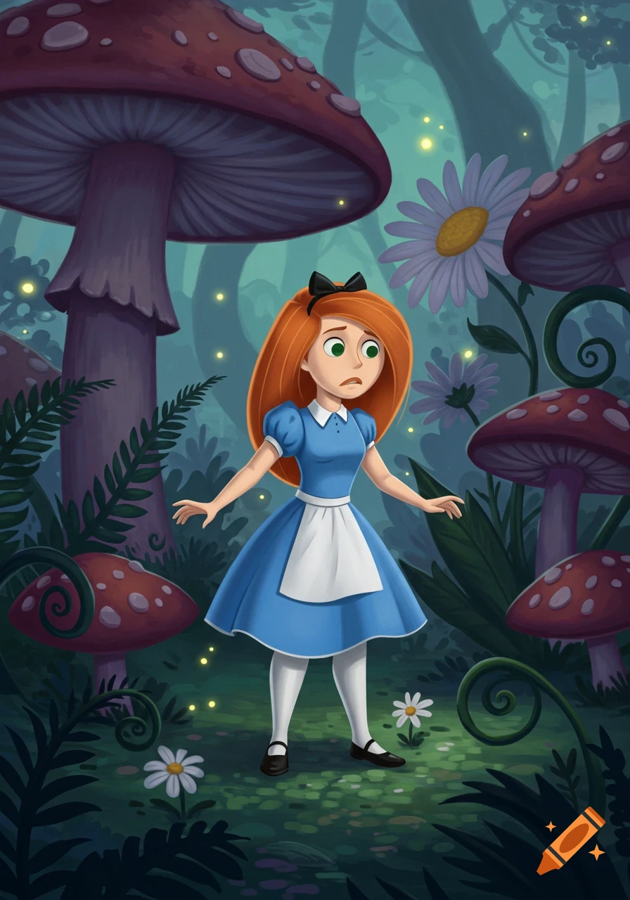 Cartoon illustration of Kim Possible as Alice in Wonderland looking surprised in a glowing mushroom forest.