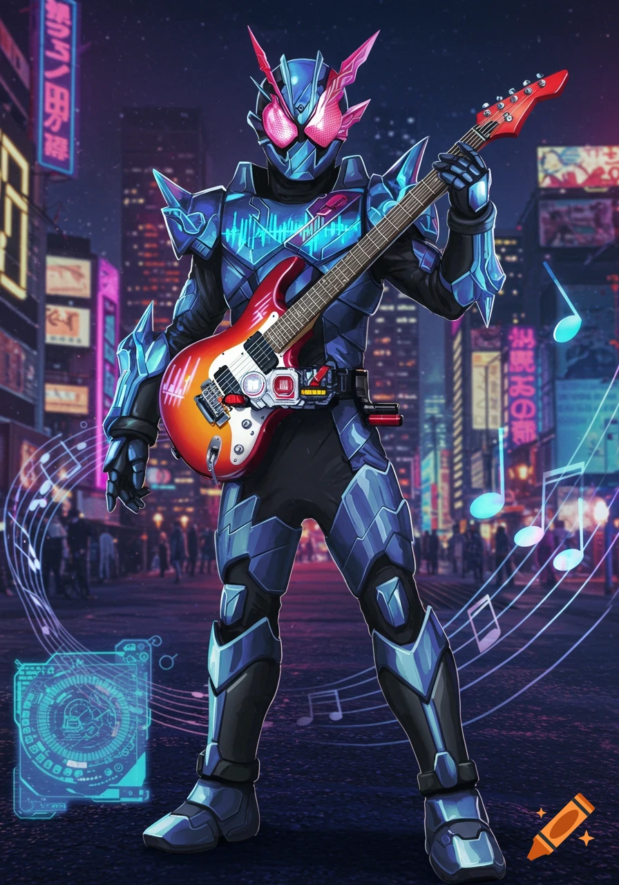 Anime-style Kamen Rider in blue and black armor holding a red electric guitar in a neon-lit cyberpunk city at night.