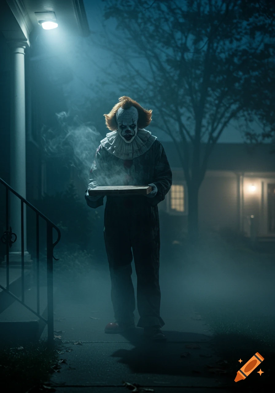 A creepy clown, Pennywise, delivers a steaming pizza on a foggy suburban doorstep at night, lit by a porch light.