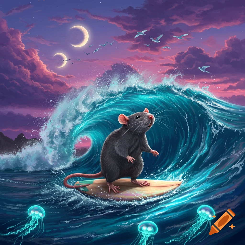 A whimsical rat surfs a large blue wave under a dramatic purple and pink sky with two crescent moons, flying birds, and glowing jellyfish.