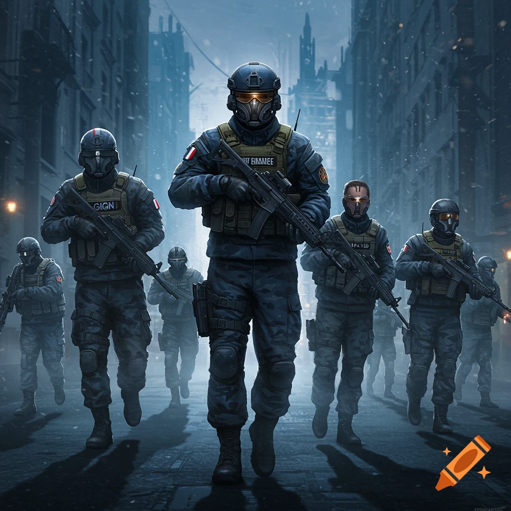 A squad of elite soldiers in tactical gear and helmets, carrying rifles, walk through a snowy, dilapidated city street at dusk, with a large, imposing building in the background.