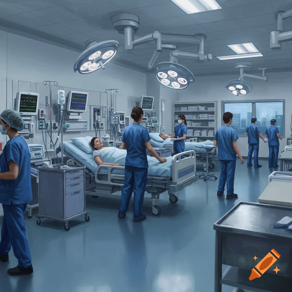 An illustration of a busy hospital medsurg unit with medical staff tending to patients in beds.
