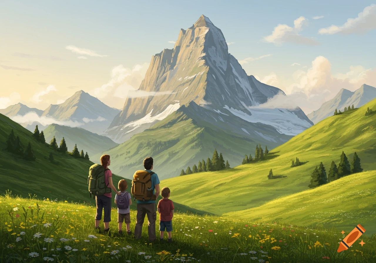 An illustrative image of a family with backpacks in a green meadow, looking at majestic mountains under a partly cloudy sky.