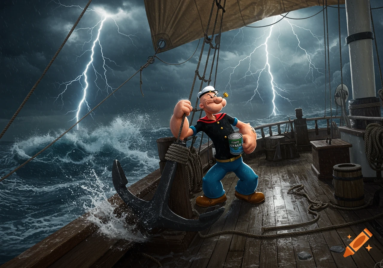 Popeye the Sailor holds a can on a ship deck during a thunderstorm with lightning and crashing waves, in a realistic style.