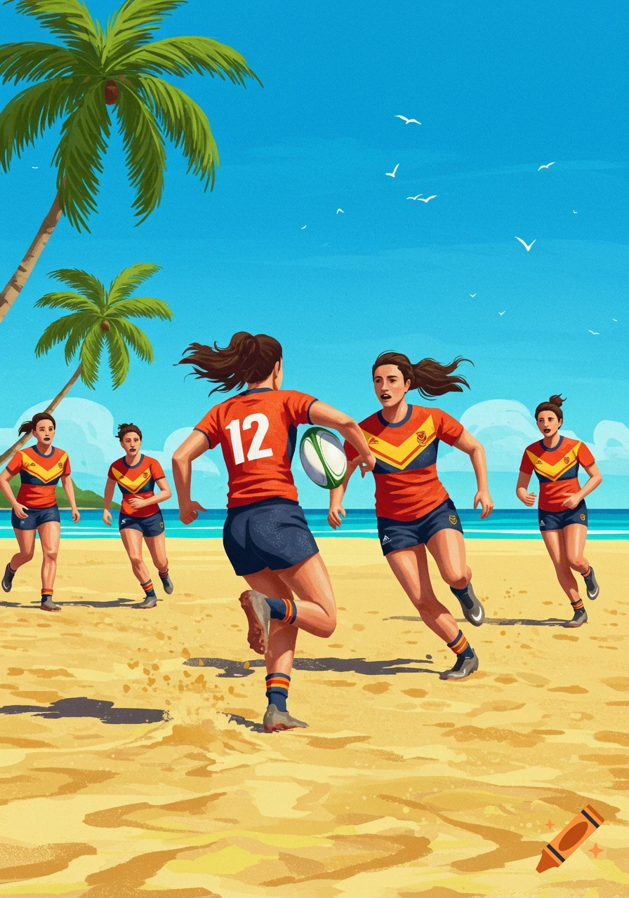 A digital painting of women playing rugby on a tropical beach with palm trees, blue sky, and ocean. One player wears number 12.
