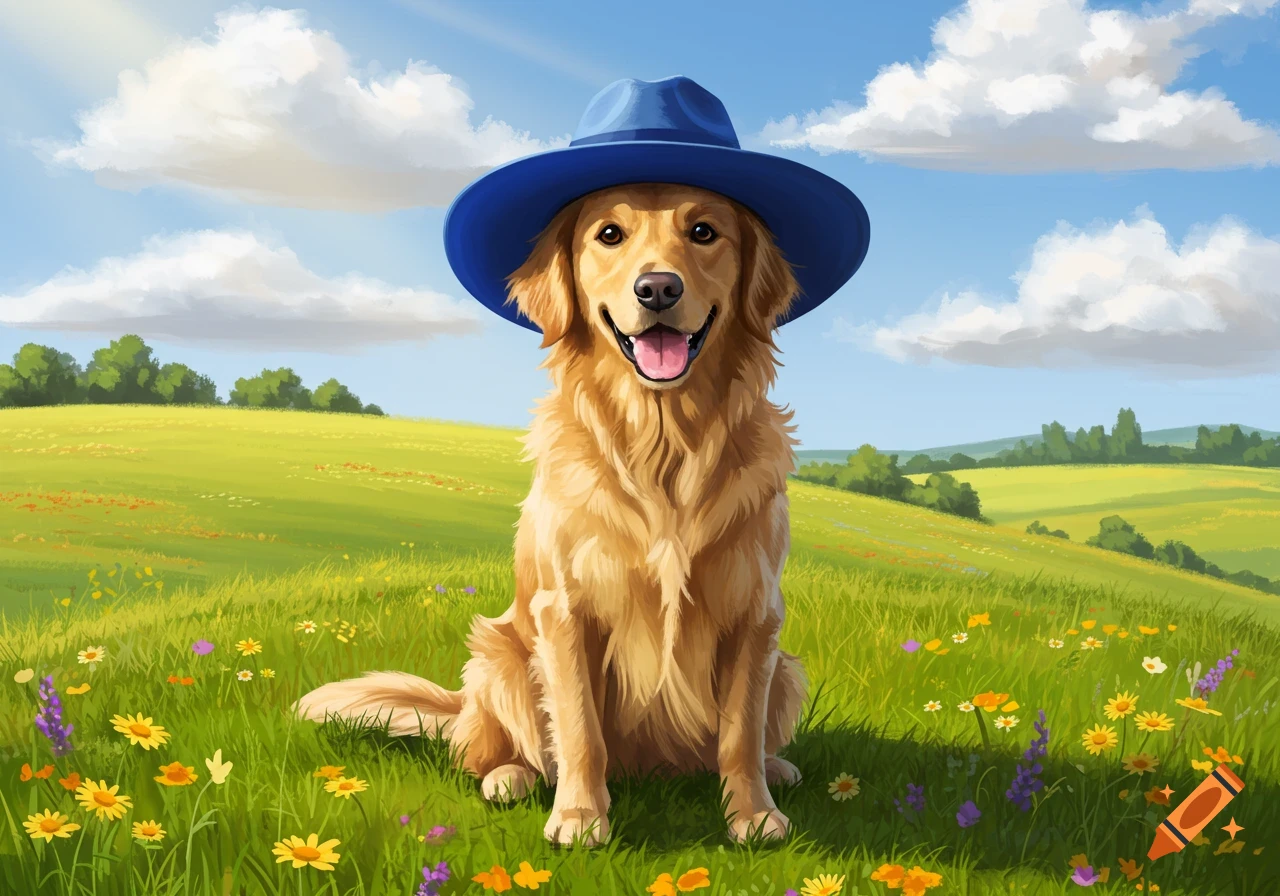 A happy golden retriever wearing a blue hat sits in a sunny green field with wildflowers under a blue sky.