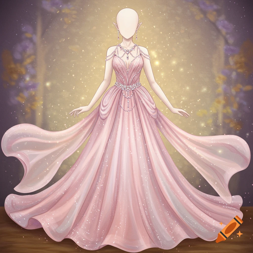 A shimmering pastel pink fantasy evening gown with pearls and flowing sheer fabric, set against an ethereal, glowing background.