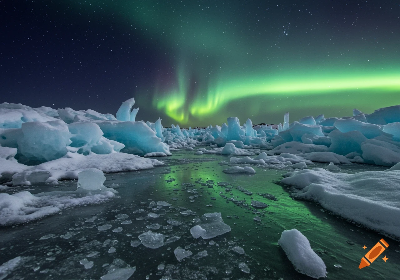 Green aurora borealis shines over a dark, star-filled sky, illuminating a frozen landscape of blue ice and snow reflected in icy water.