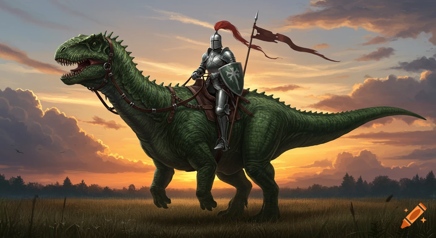 A knight in shining armor rides a large green dinosaur through a grassy field at sunset, in a fantasy art style.