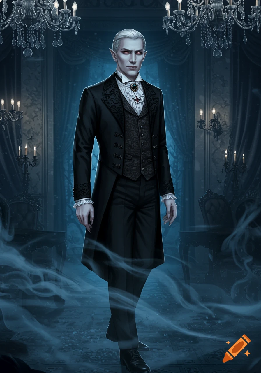 An elegant male vampire with white hair, pale skin, and red eyes, wearing a black tailcoat, stands in a dark, misty gothic mansion.
