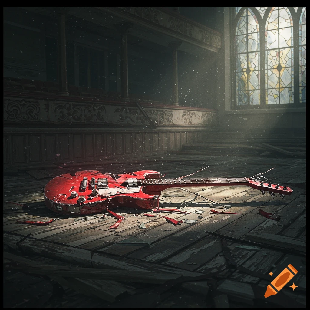 A shattered red electric guitar lies on a broken wooden floor in a dilapidated room with a large stained glass window.