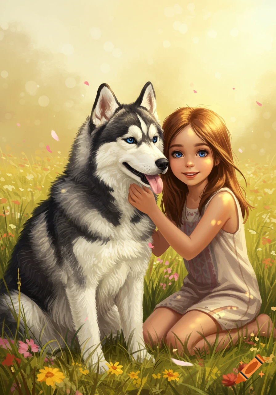 An illustration of a smiling young girl with brown hair and blue eyes kneeling next to a husky dog in a field of wildflowers.