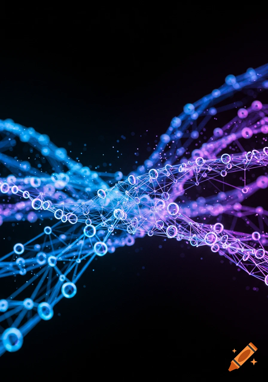 Abstract blue and purple glowing network of interconnected nodes and lines on a black background.