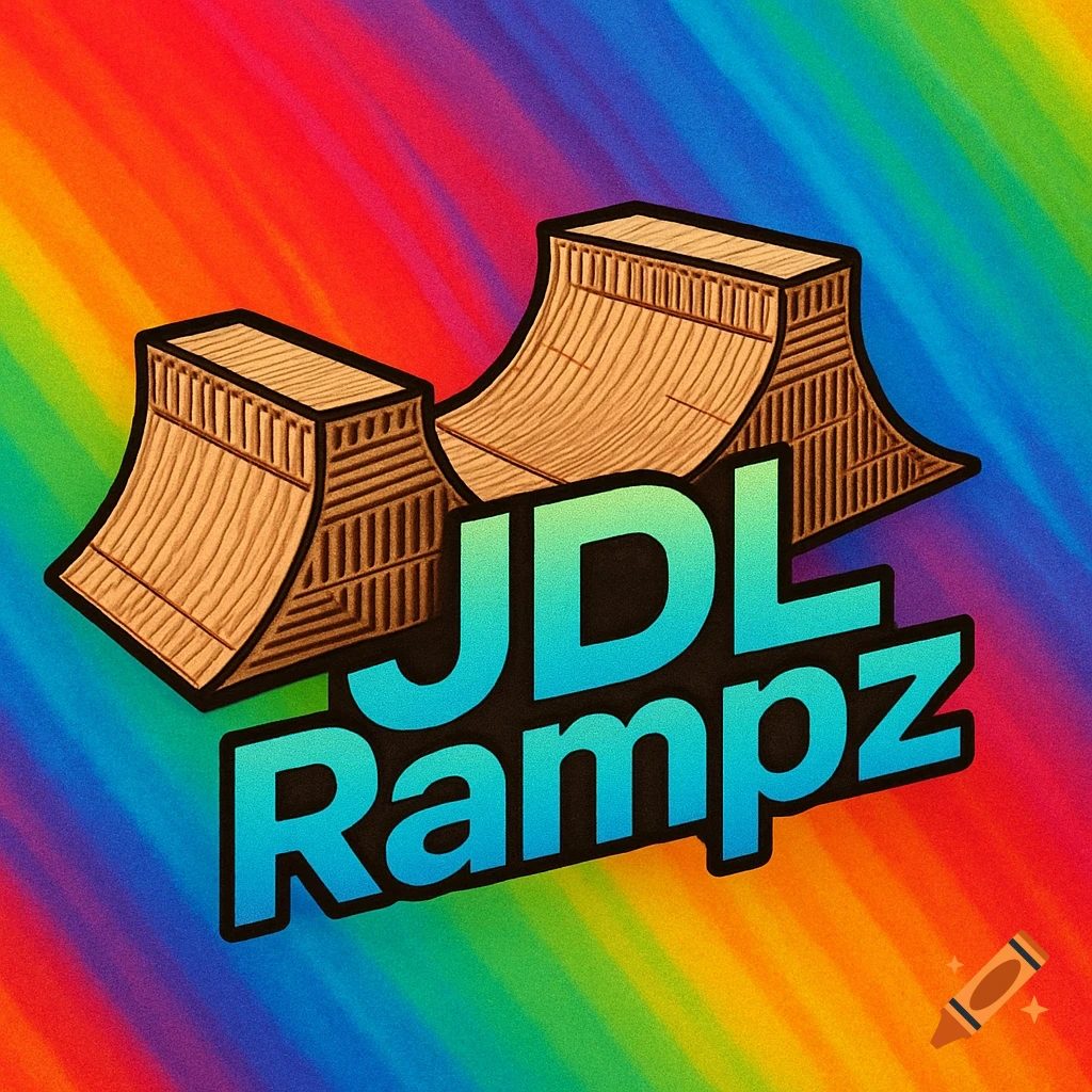 Logo with two stylized cardboard skatepark ramps and the text 'JDL Rampz' in front, set against a vibrant rainbow background.
