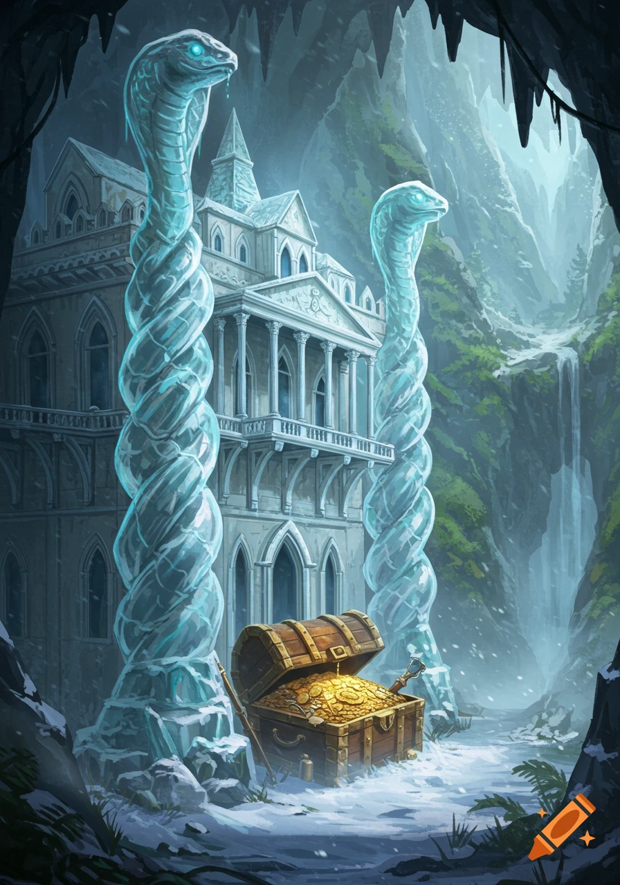 Fantasy art of an icy castle with glowing serpent spires, nestled in a snowy mountain cave, with an open treasure chest overflowing with gold.