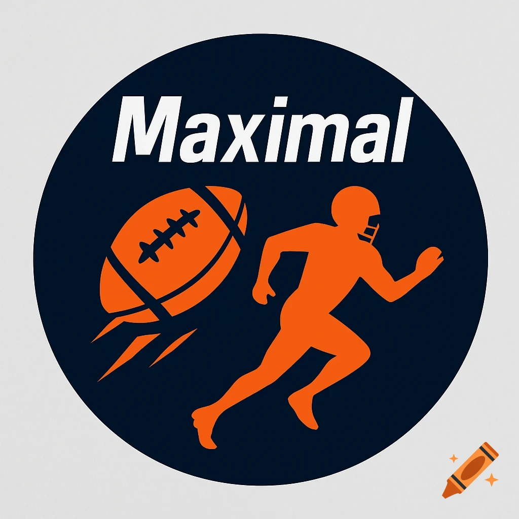 Dark blue circular logo with an orange stylized American football player, a flying football, and the white text 'Maximal'.