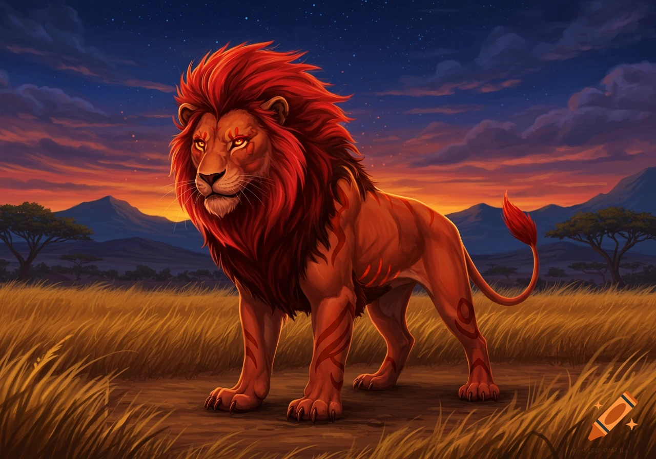 A majestic stylized lion with a fiery red mane and glowing eyes stands on a path in a savanna landscape under a dramatic sunset or starry twilight sky.